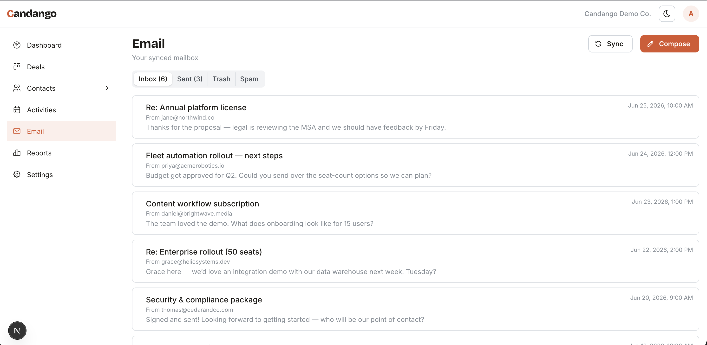 Synced Gmail inbox inside Candango