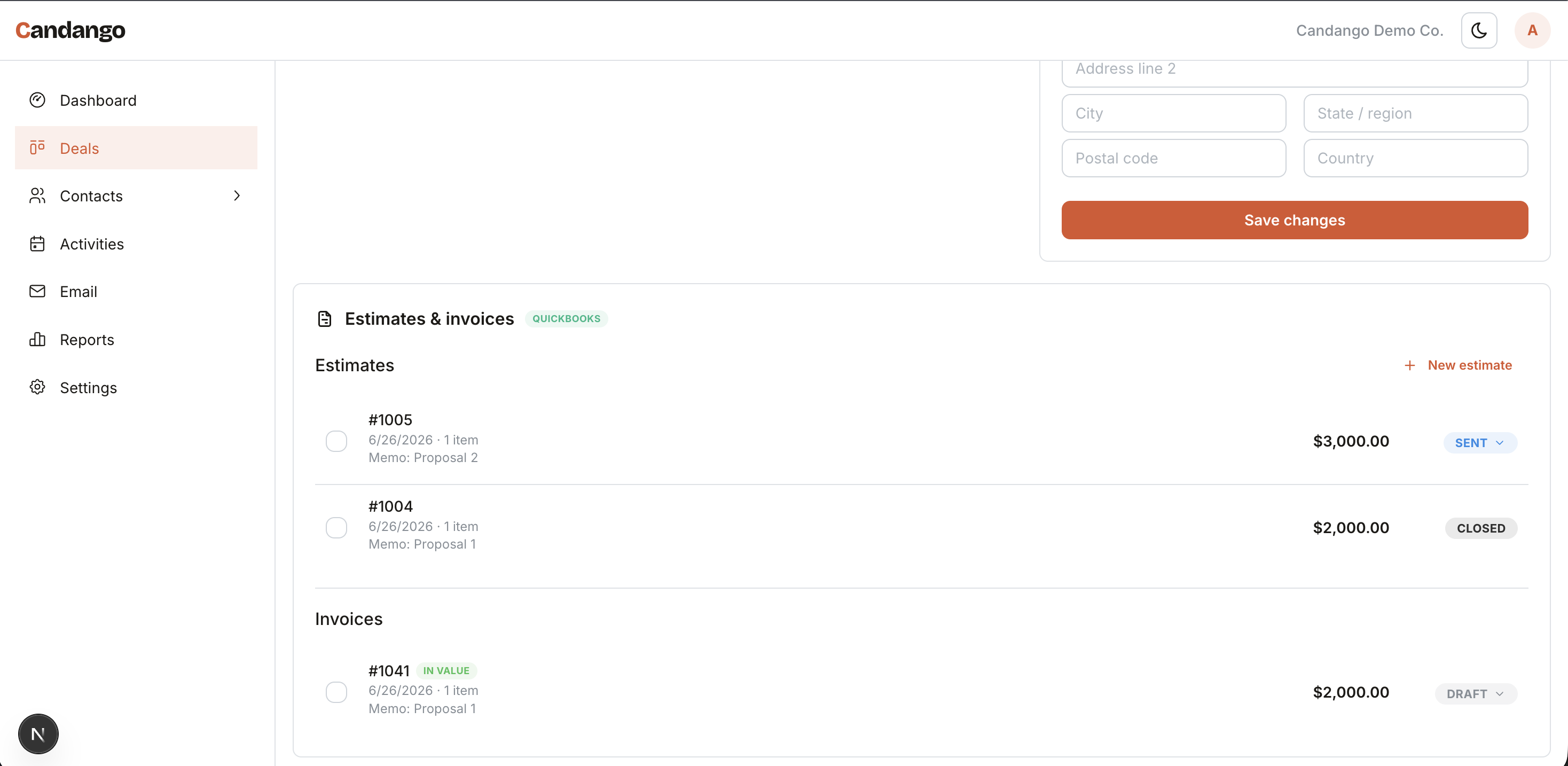 Estimates and invoices on a deal, synced with QuickBooks