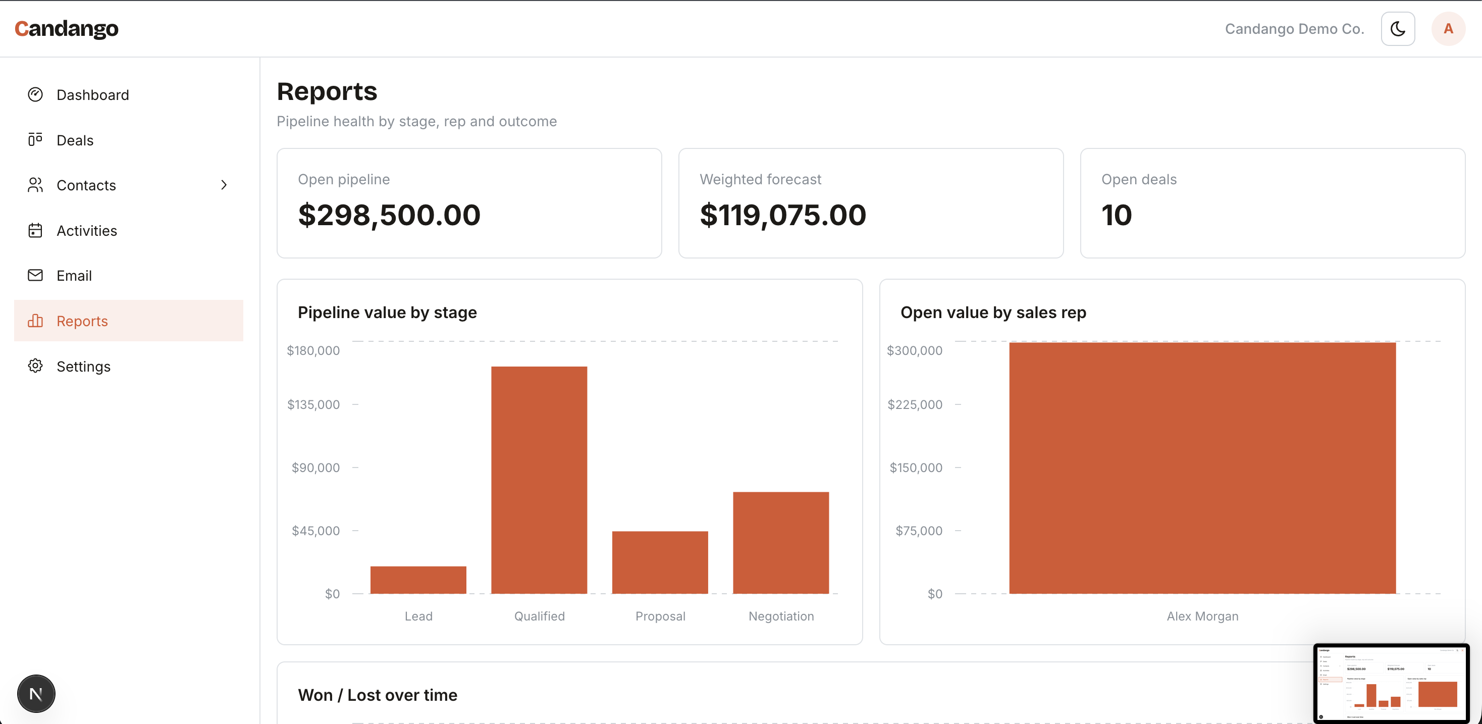 Reports — pipeline value by stage and by sales rep